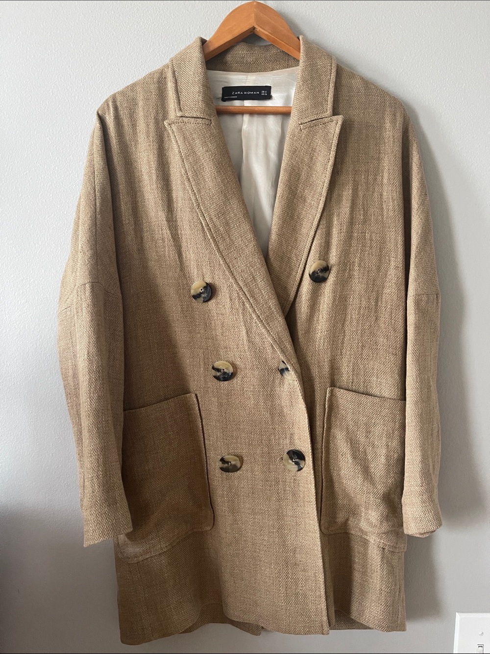 Linen blend Oversized Zara Double-Breasted Tan Trench blazer safari style